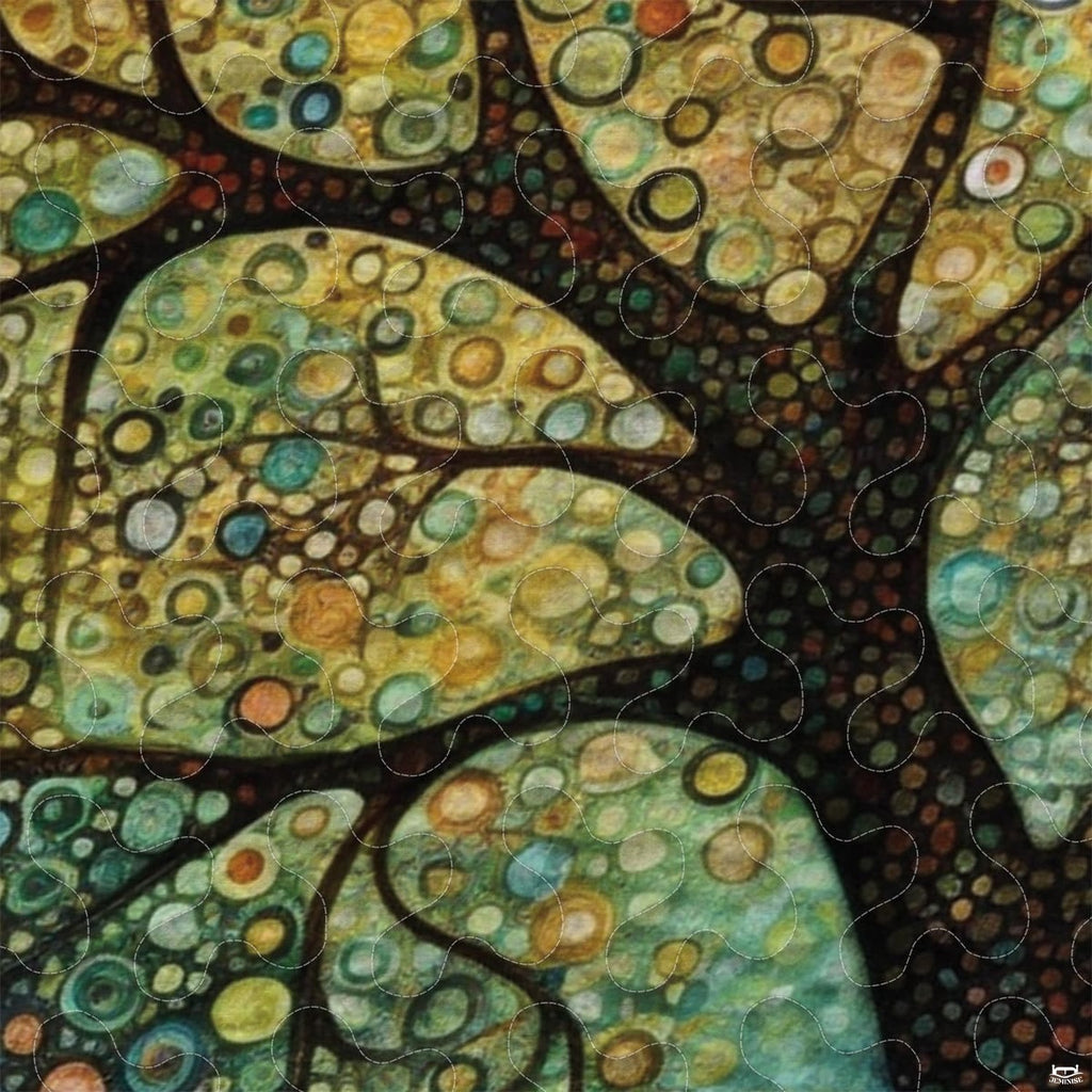 Close-up perspective of artistic bedding highlighting circular mosaic points, golden tones, and indigo texture
