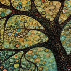 Close-up perspective of artistic bedding highlighting circular mosaic points, golden tones, and indigo texture