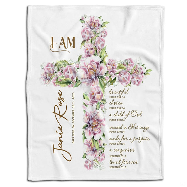 Floral cross baptism blanket displayed flat showing peony floral cross and scripture passages