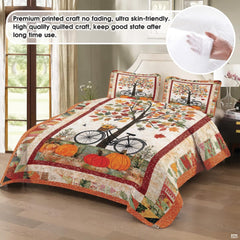 Top-down view of scenic autumn forest bedding set arranged neatly on a wooden bedroom frame