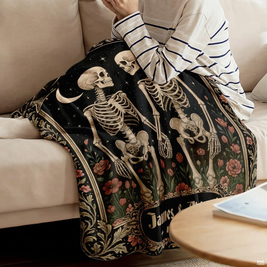 Gothic skeleton couple throw blanket view 3 highlighting red poppies, gold frame, and starry sky