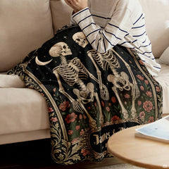 Gothic skeleton couple throw blanket view 3 highlighting red poppies, gold frame, and starry sky