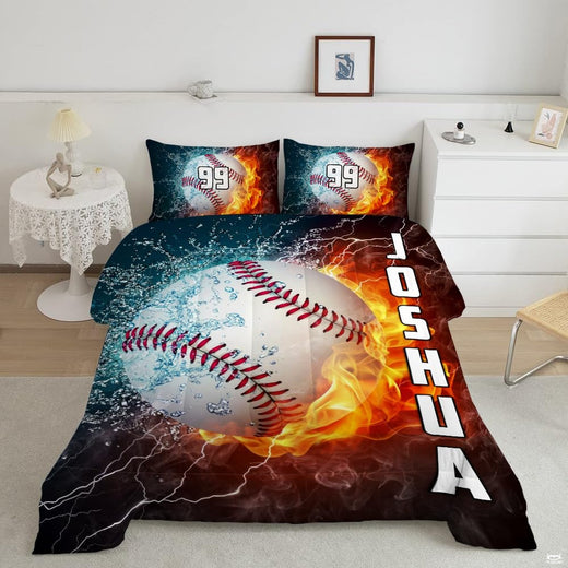 Split fire and water baseball bedding set featuring glowing flames, splash drops, and athletic lettering.