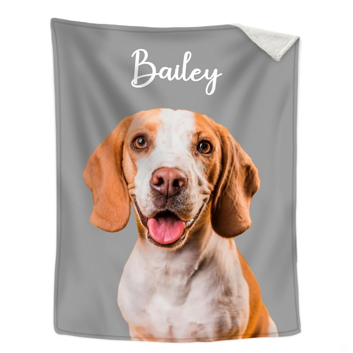 Smiling hound dog portrait on grey backdrop with cursive script for pine tree bed spread decor.