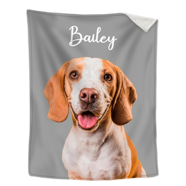 Smiling hound dog portrait on grey backdrop with cursive script for pine tree bed spread decor.