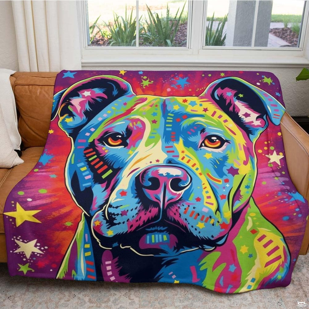 Artistic pit bull bedding design spotlighting geometric color blocks, starry details, and energetic splatters.