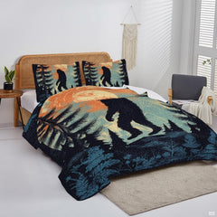 Overhead perspective of Bigfoot bedding arranged neatly across an outdoor themed bedroom mattress