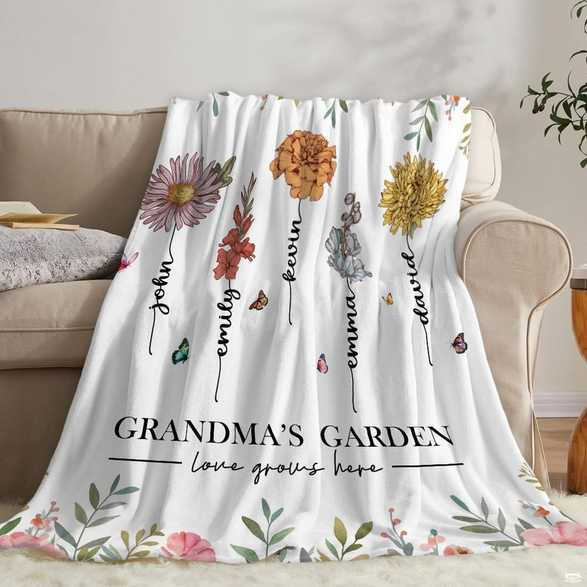 Botanical meadow drape arranged on sofa with decorative cushions