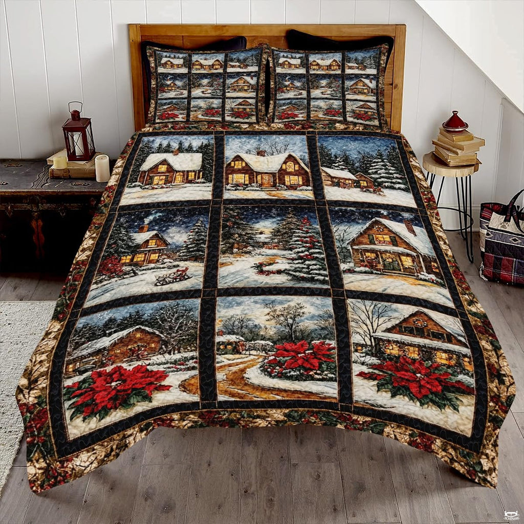 Gingerbread snowman holiday winter bedding set displayed on a bed in a festive bedroom
