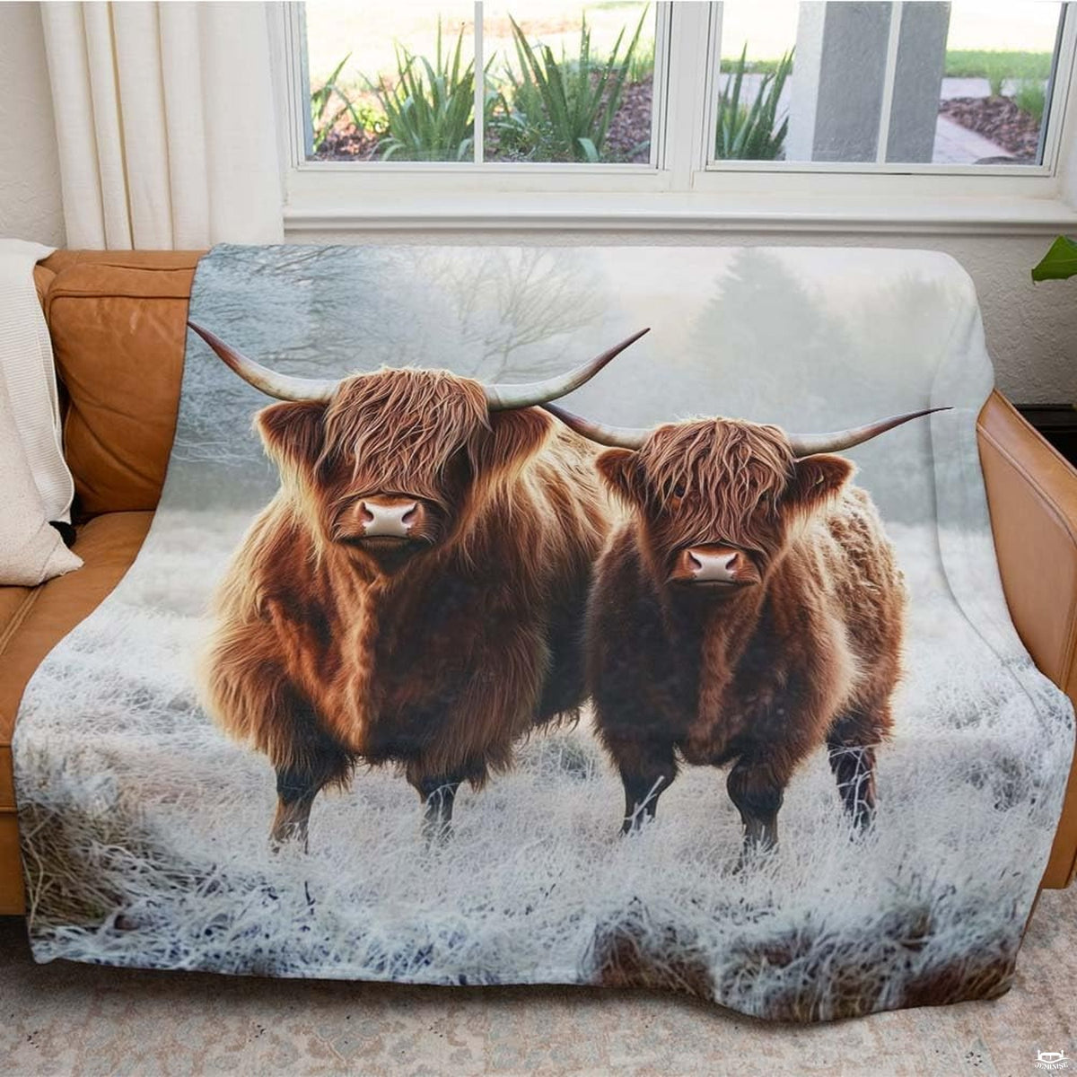 Wildlife illustrated scottish highland cow bedding styled in a rustic modern bedroom.