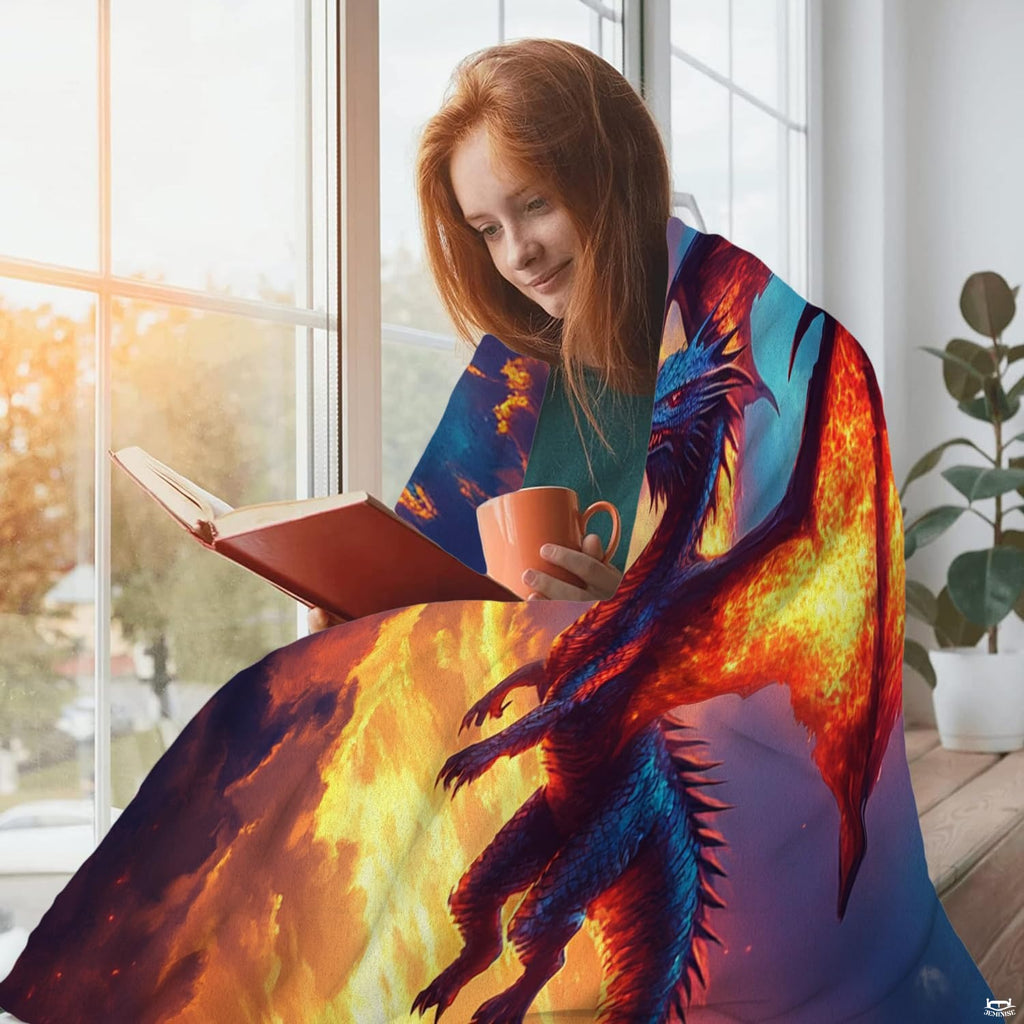 Fiery sunset sky soaring dragon fantasy blanket showing winged beast and glowing clouds view 4