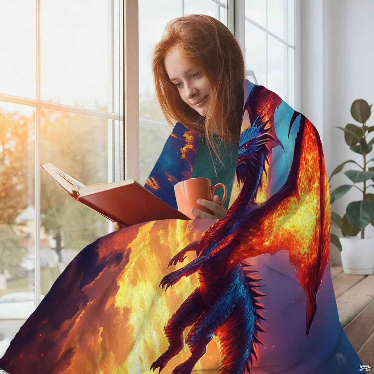Fiery sunset sky soaring dragon fantasy blanket showing winged beast and glowing clouds view 4