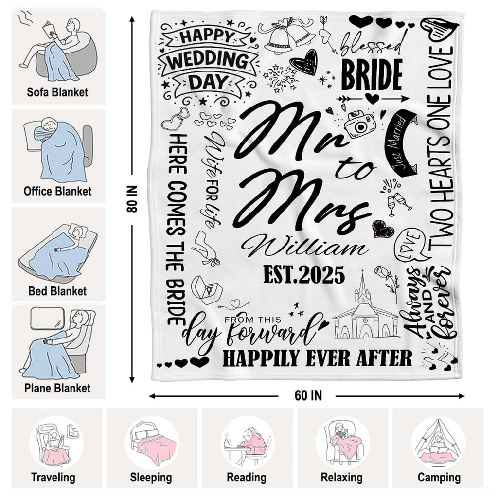 Romantic wedding vows and celebratory doodle icons on throw blanket