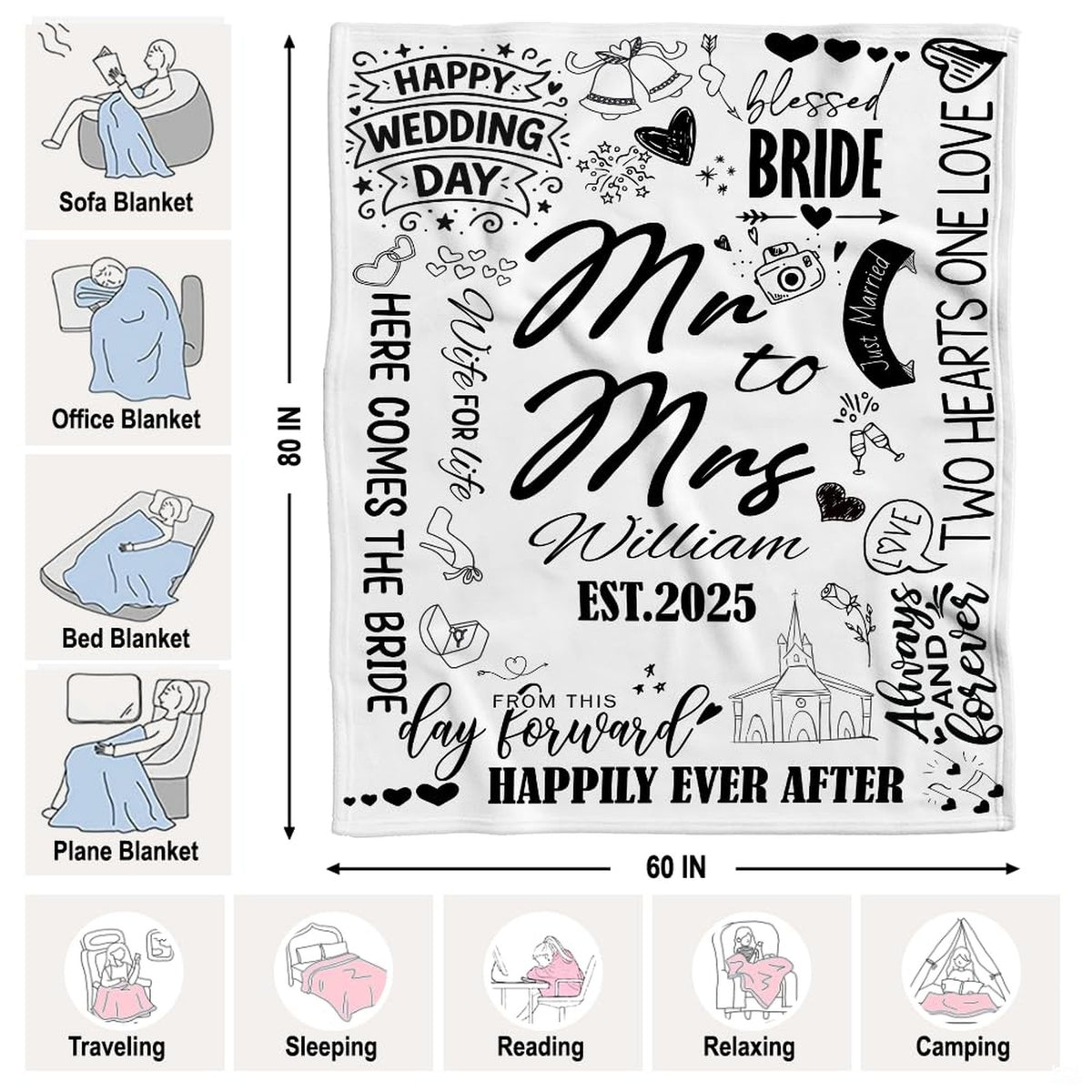 Romantic wedding vows and celebratory doodle icons on throw blanket