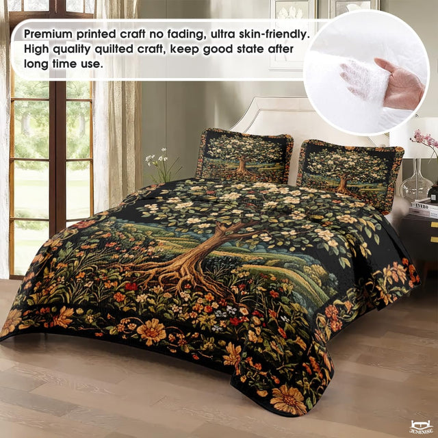 Nature Tree of Life Quilt Set with Blooming Tree and Bedroom And Exposed Roots