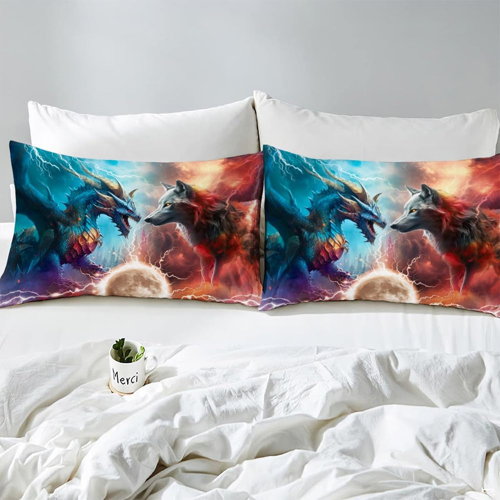 Close pillows with dragon, wolf, glowing moon, and lightning artwork