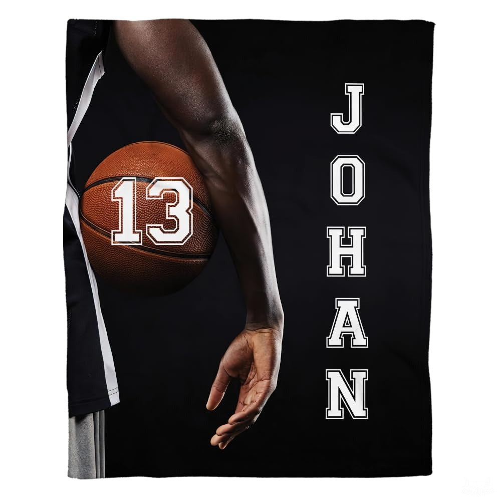 Personalized Basketball Held Under Player Arm Blanket with Name and Number
