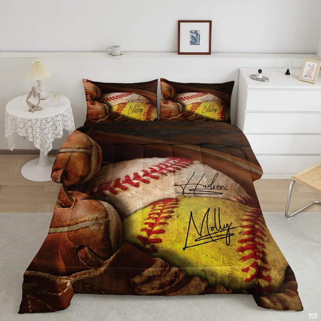Rustic brown baseball helmet graphic sports bedding set displayed neatly on a bed in a modern youth bedroom