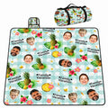 Tropical pattern of pineapples, pink hibiscus, and palm leaves on mint gingham, view 1.
