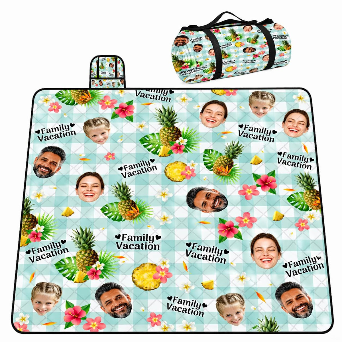 Tropical pattern of pineapples, pink hibiscus, and palm leaves on mint gingham, view 1.
