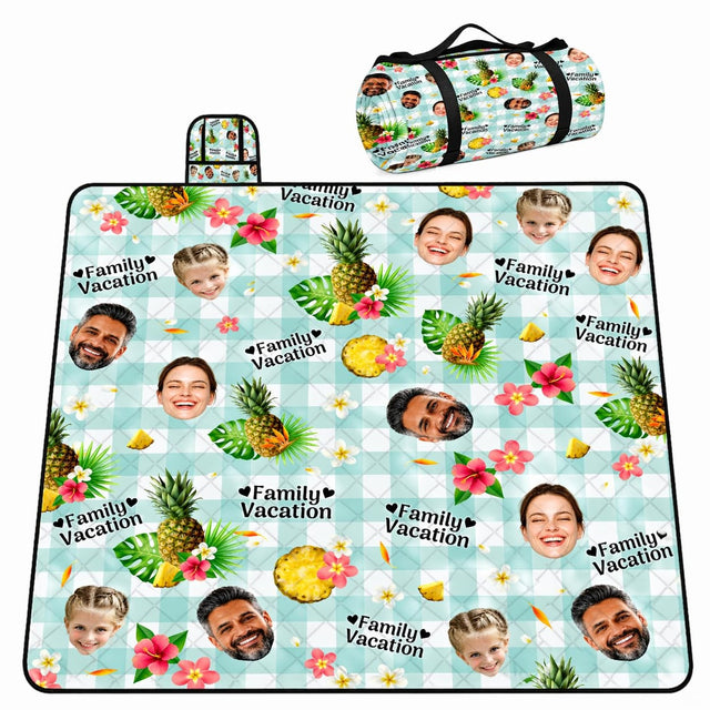 Tropical pattern of pineapples, pink hibiscus, and palm leaves on mint gingham, view 1.
