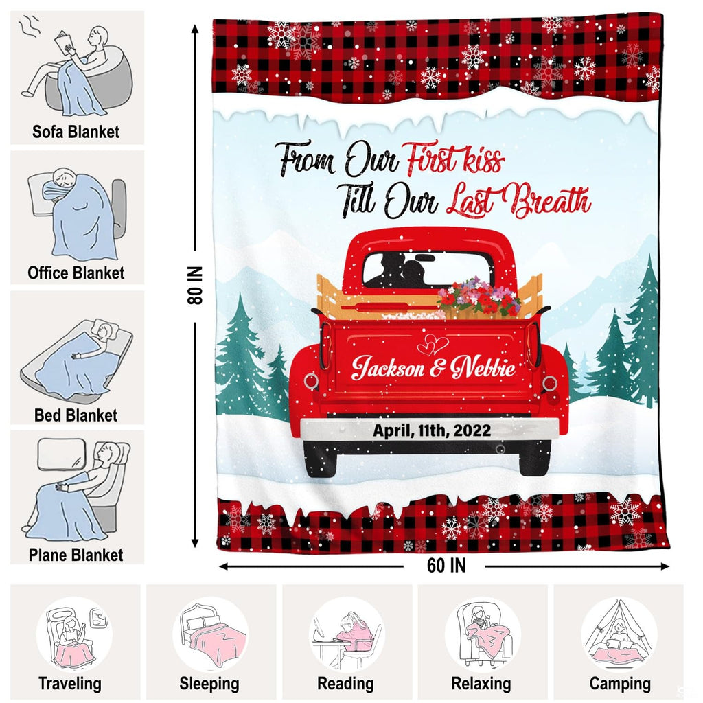 Vintage red truck throw blanket view 4 highlighting retro truck, winter pines, and buffalo check trim