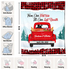 Vintage red truck throw blanket view 4 highlighting retro truck, winter pines, and buffalo check trim