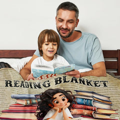 Top-down overhead perspective showing the complete rectangular vintage newsprint book blanket print.