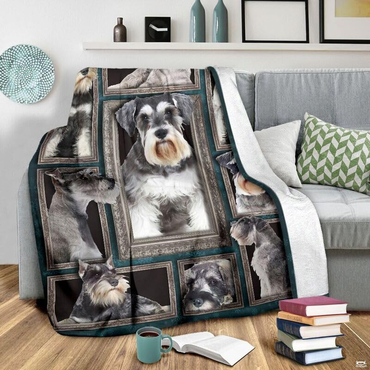 Grey couch arrangement featuring the Miniature Schnauzer blanket draped beside patterned pillows.
