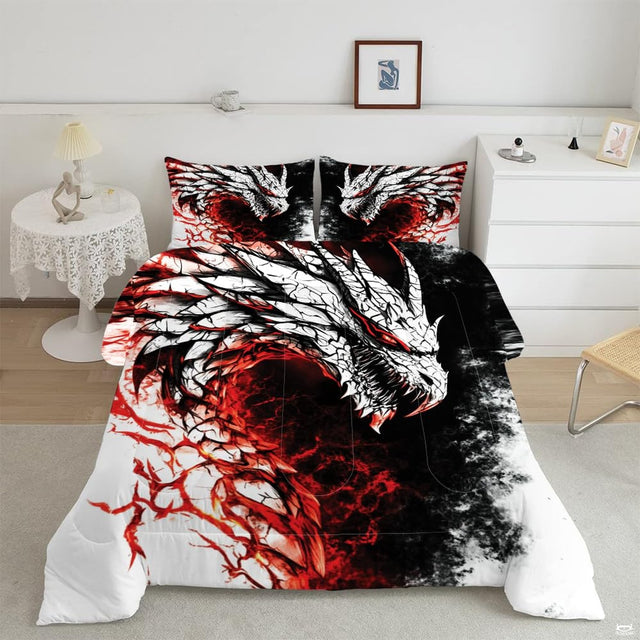 Overhead bedroom view of gothic bedding featuring snarling white horned dragon with glowing crimson smoke.