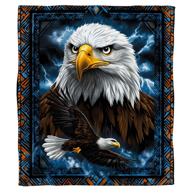Lightning storm bald eagle portrait throw blanket view 2 detailing eagle feathers and border