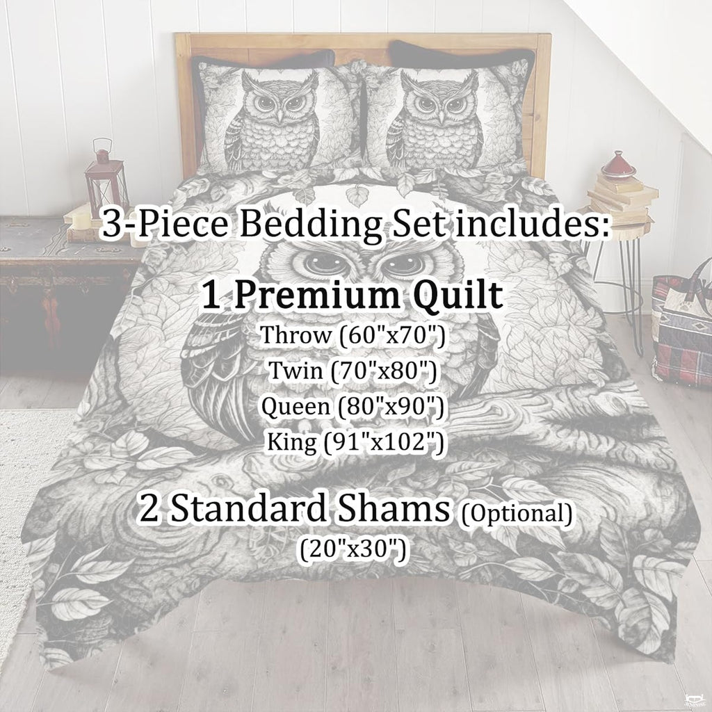 Full bedroom display of dove ivory barn owl bedding styled with natural wood and forest accents