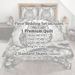 Full bedroom display of dove ivory barn owl bedding styled with natural wood and forest accents