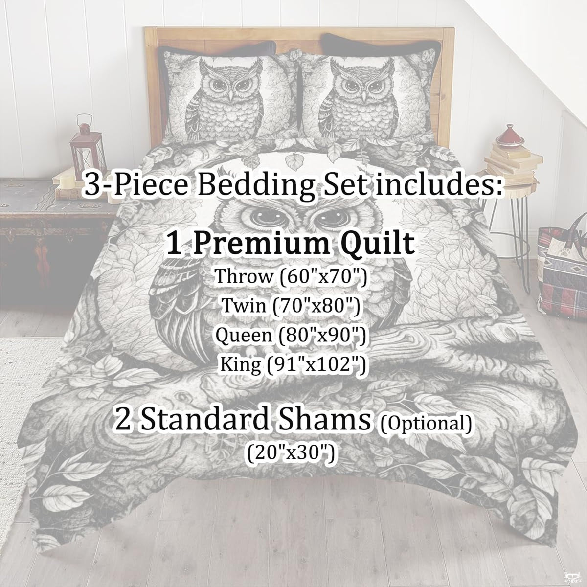 Full bedroom display of dove ivory barn owl bedding styled with natural wood and forest accents