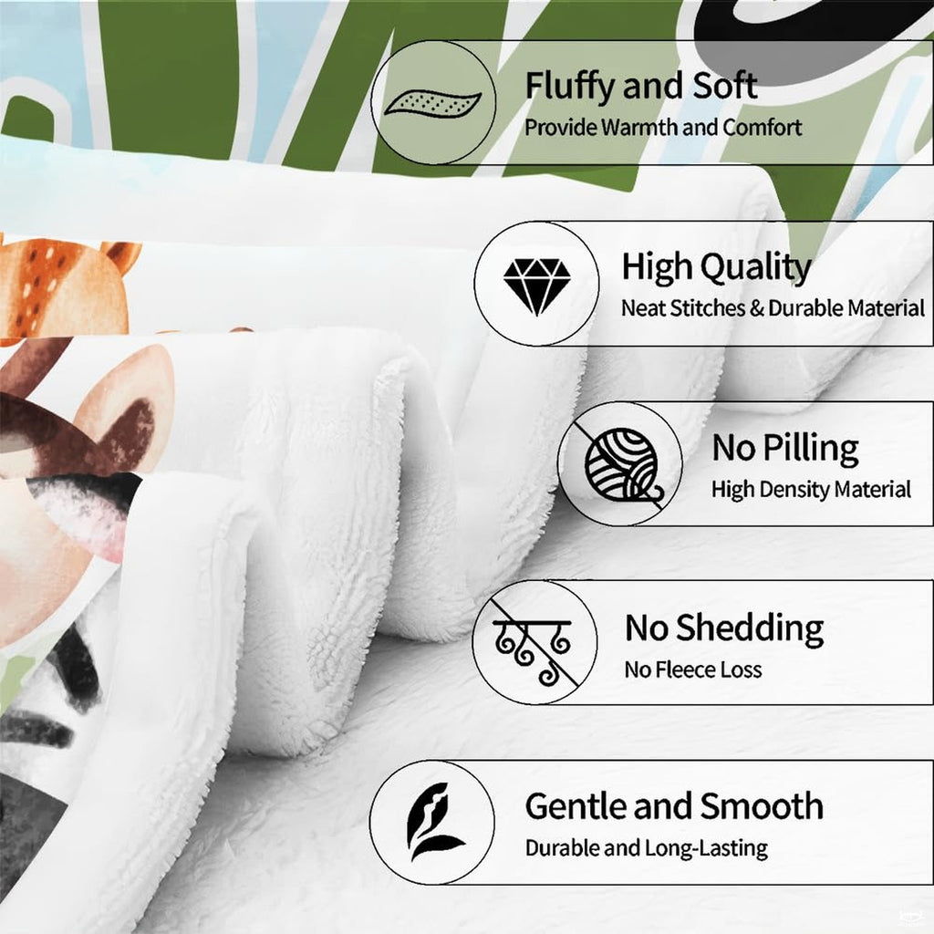 Full spread presentation of cute safari animals throw blanket inspiring childhood wildlife wonder