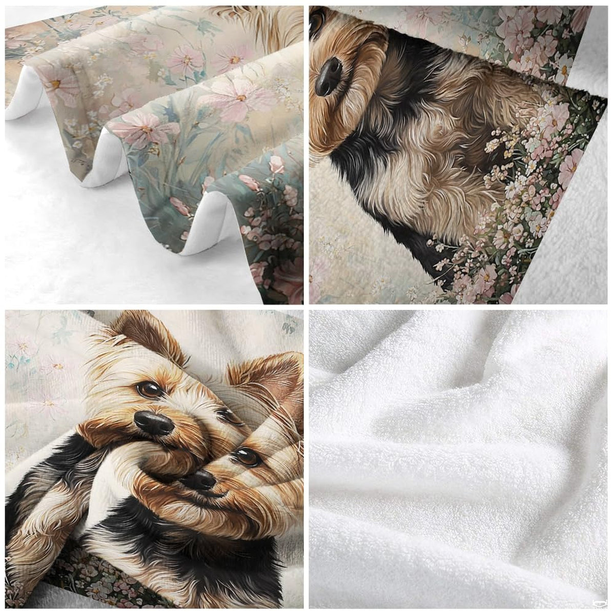 Detailed view of Yorkshire Terrier puppy art framed by pastel garden blossoms on pet lovers bedding.