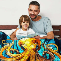 Stained glass golden octopus cathedral throw blanket view 3 detailing mosaic tiles and tentacles