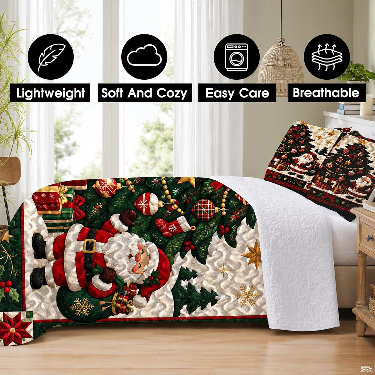 Detailed view of Santa Claus bed design showing golden stars, ornaments, and holiday bows.