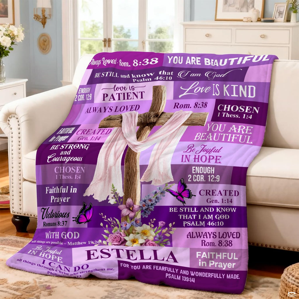 Custom Purple Floral Cross with Butterflies Blanket, Machi - Design 14