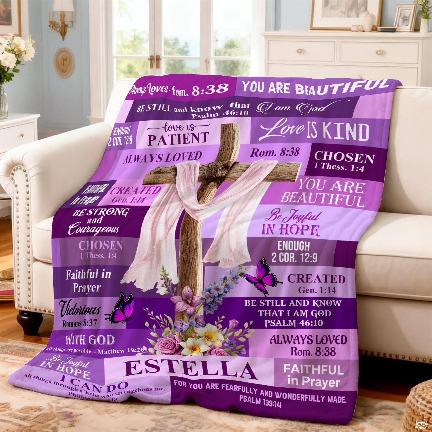 Custom Purple Floral Cross with Butterflies Blanket, Machi - Design 14