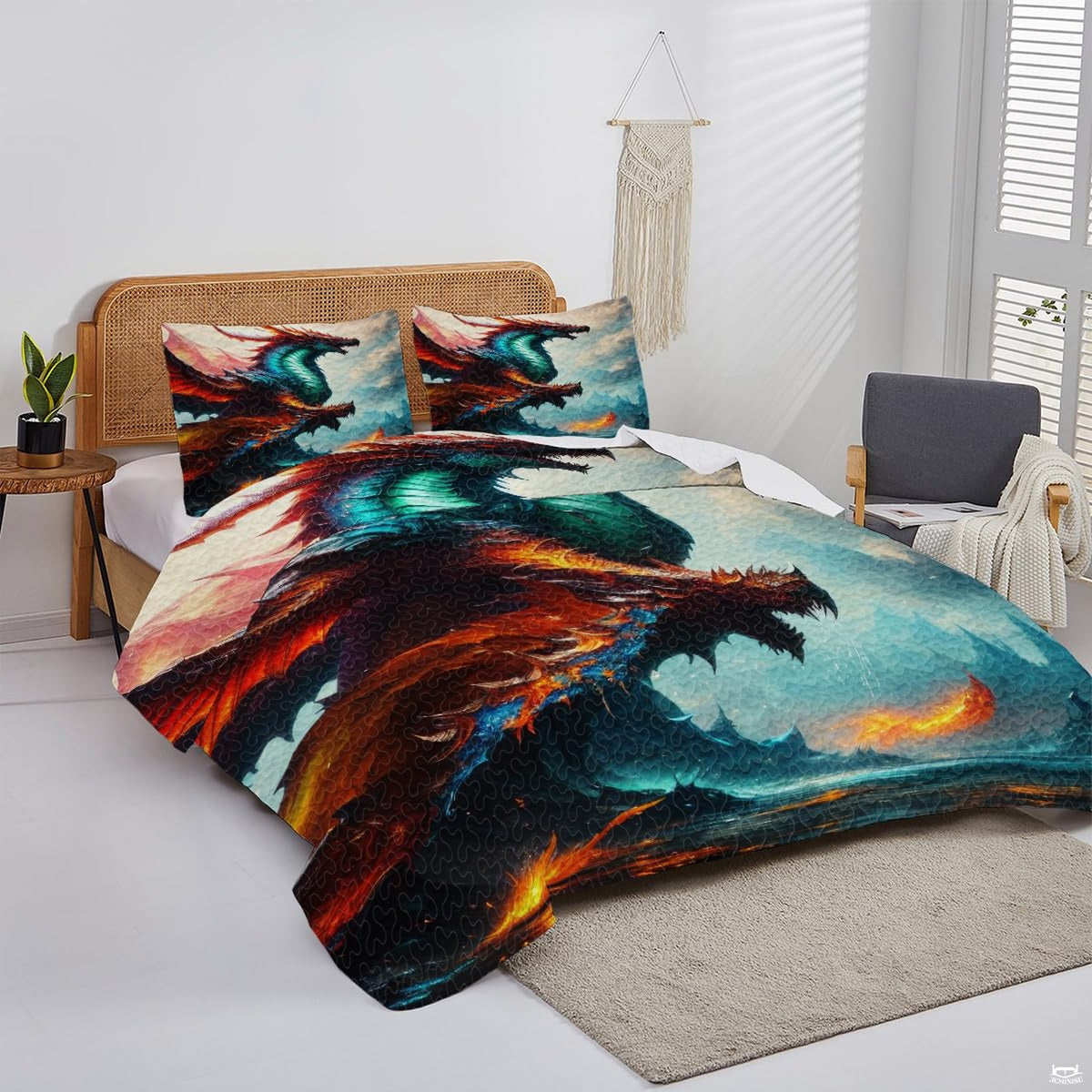 Colorful three-dragon bedding artwork displayed in a bright modern bedroom
