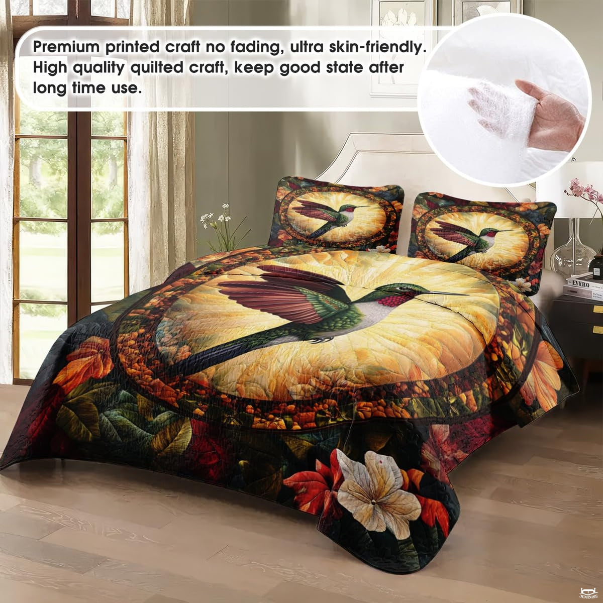 Hummingbird bedroom display with burgundy wings and warm gold circular backdrop