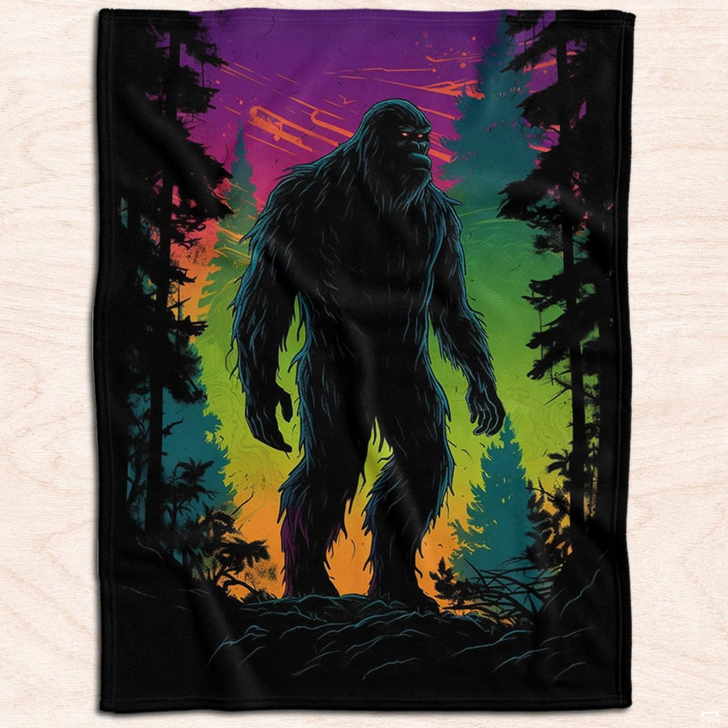 Top-down flat view of the colorful neon Bigfoot and pine tree artwork displayed on a wooden surface.