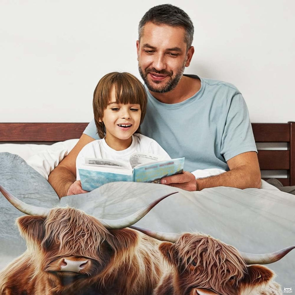 Scottish highland bedding artwork highlighting thematic accent copper tones and frosty meadow hues.