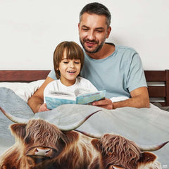 Scottish highland bedding artwork highlighting thematic accent copper tones and frosty meadow hues.
