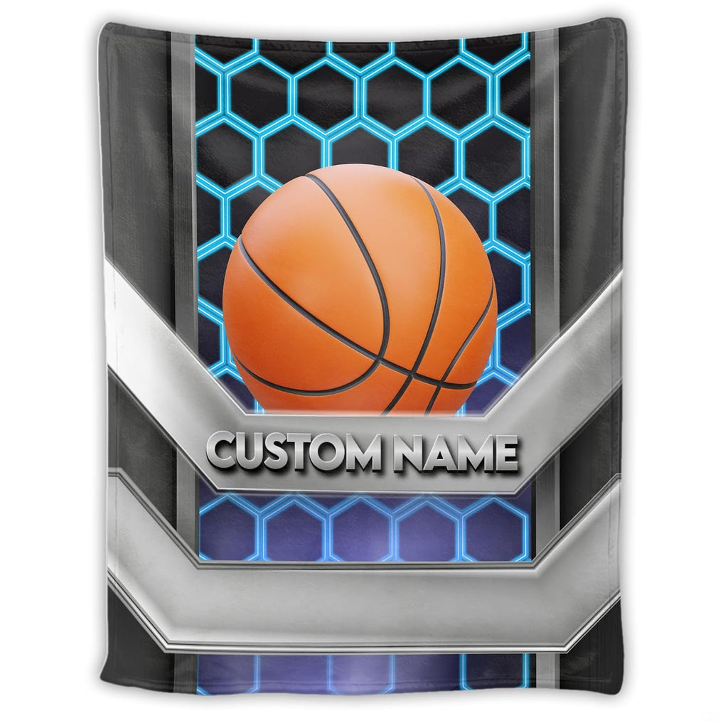 Cyber honeycomb basketball throw blanket featuring 3D basketball on glowing blue grid with silver framing