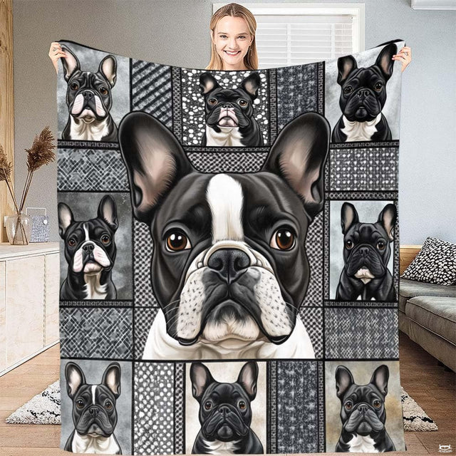 French bulldog portrait grid throw blanket displaying nine charming Frenchie dog illustrations