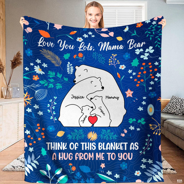 Polar bear family floral throw blanket displaying hugging white bears and red heart on navy