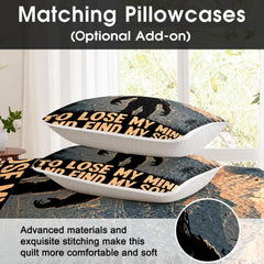 Woodland Sasquatch tree silhouette motif portrayed across alpine nature bedding set decor.