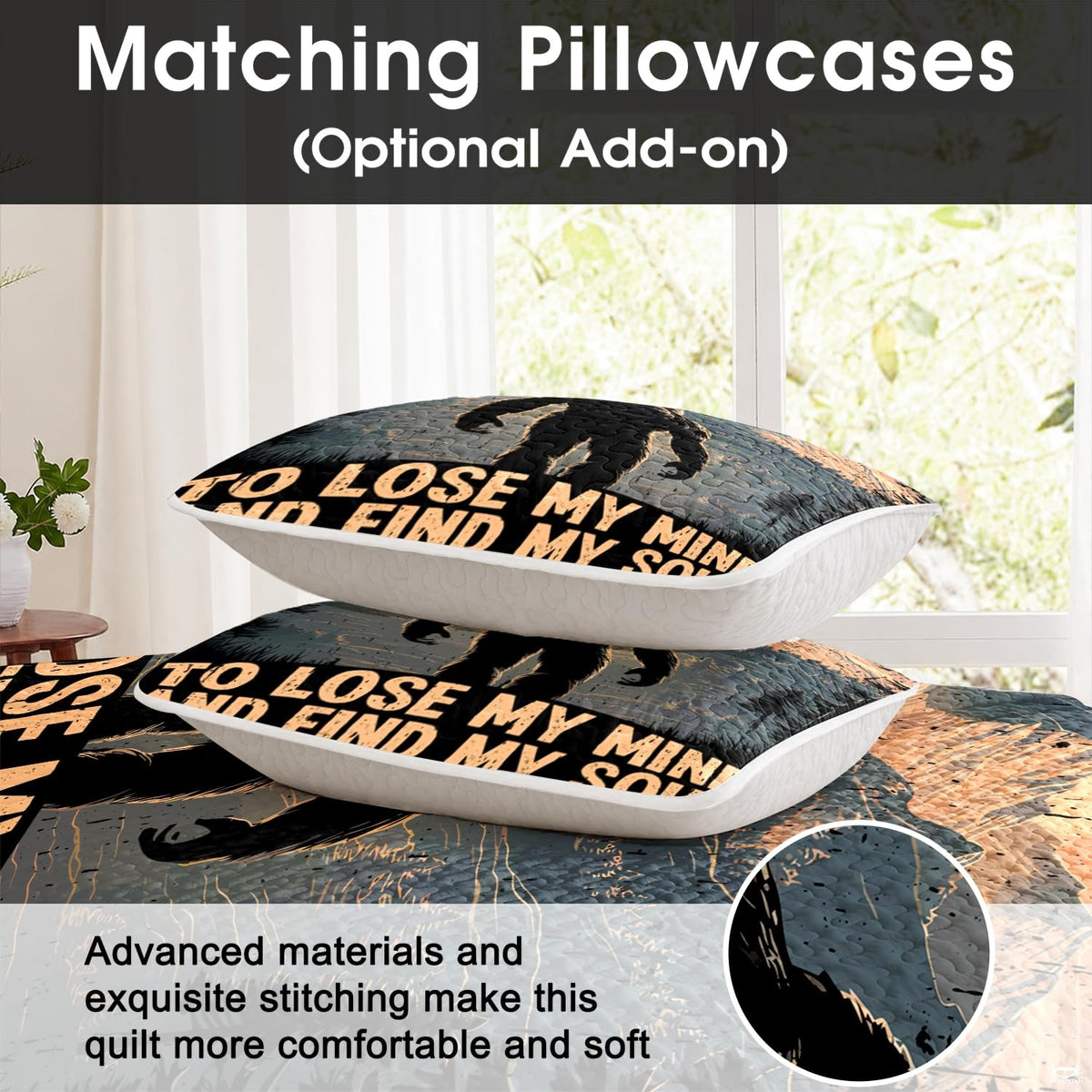 Woodland Sasquatch tree silhouette motif portrayed across alpine nature bedding set decor.